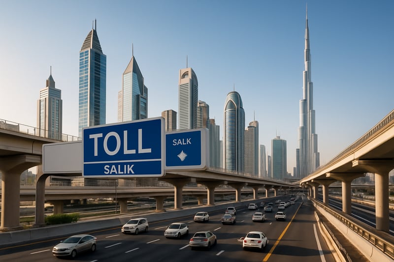 Dubai toll road system with modern city skyline
